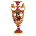 AN IMPRESSIVE 19TH CENTURY VIENNA STYLE HALL VASE the pedestal ovoid body with gilt mask-head winged