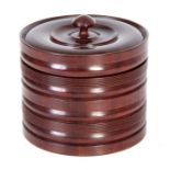 A 19TH CENTURY ROSEWOOD CYLINDRICAL TABACCO JAR with ring turned decorated sides and lift-off lid