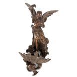AN EARLY 20TH CENTURY MYTHICAL BRONZE HANGING WALL POCKET depicting a winged maiden slaying a
