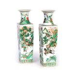 A PAIR OF 19TH CENTURY CHINESE FAMILLE VERTE SQUARE TAPERING VASES WITH EVERTED NECKS decorated with