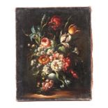 CONTINENTAL STILL LIFE OIL ON CANVAS vase of flowers on a shelf in the early 18th Century Dutch