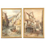 A PAIR OF 19TH CENTURY CONTINENTAL WATERCOLOURS depicting town and river scenes with figures 53.