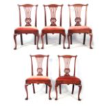 A SET OF FIVE GEORGE II FIGURED MAHOGANY SIDE CHAIRS with scrolled carved shaped top rails above