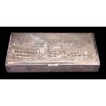 A 19TH CENTURY ISLAMIC/MIDDLE EAST RECTANGULAR SILVER BOX of shallow form with engraved mosque scene
