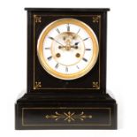 A LATE 19TH CENTURY FRENCH BLACK SLATE MANTEL CLOCK the square case with gilt engraved decoration