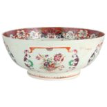 AN 18TH CENTURY CHINESE EXPORT FAMILLE ROSE PUNCH BOWL painted in coloured enamels with hatched