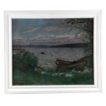 SIGMUND SINDING 1875-1936 OIL ON CANVAS Boats in a Fjord Estuary 44cm high, 53.5cm wide - signed