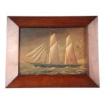 19TH CENTURY OIL ON CARD LAID ON WOOD PANEL Clipper in full sail flying the American ensign 20.5cm