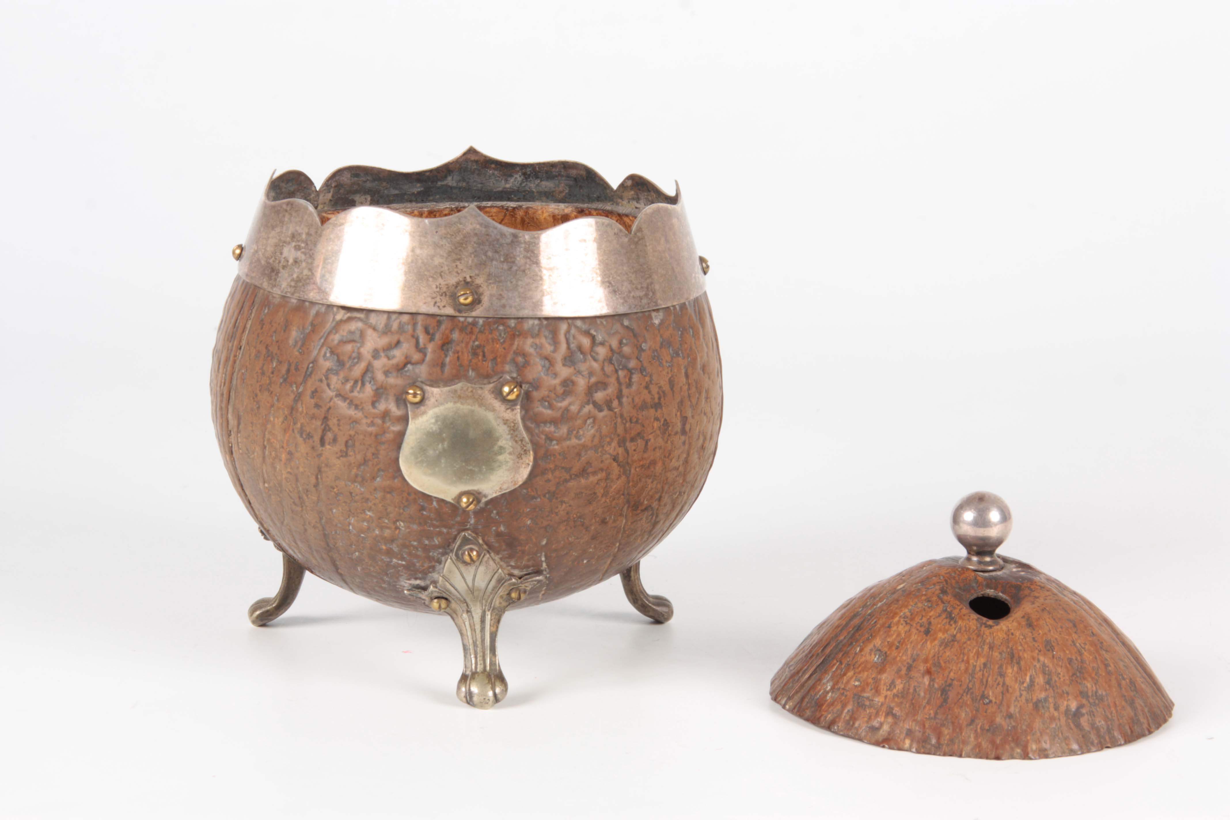 A 19TH CENTURY COCONUT CADDY with silver metal mounts and raised splay feet, the domed lid with - Image 7 of 12