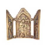 A GOTHIC STYLE CAST BRASS TRAVELLING TRIPTYCH with figural panels in high relief 13cm high 8.5cm