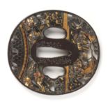 A JAPANESE MEIJI PERIOD MIXED METAL TSUBA decorated with samurai warriors in battle and character