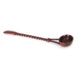 A 19TH CENTURY WALNUT TURNED TREENWARE LADLE with barley-twist stem 36cm overall