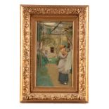 R.Q. BAYLISS OIL ON CANVAS Continental garden scene with young lady 23cm wide 40.5cm high -