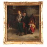 19TH CENTURY OIL ON CANVAS Interior scene depicting an elderly gentleman with grandchildren beside a