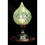 A LATE 19TH CENTURY ART NOUVEAU STYLE HANGING LAMP with patinated circular metal fitting and