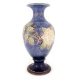 A ROYAL DOULTON PEDESTAL OVOID VASE Circa 1900 dark and mottle light blue glazed with brown foot