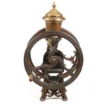 A LARGE VICTORIAN GROCER'S TABLETOP BRASS AND CAST IRON COFFEE GRINDER the black frame with gilt