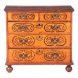 A WILLIAM AND MARY MARQUETRY AND BURR WALNUT CHEST OF DRAWERS having panelled floral inlays to the