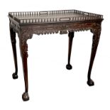 A 19TH CENTURY MAHOGANY CHIPPENDALE STYLE SILVER TABLE with galleried edge to the top above a