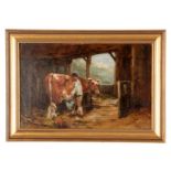 JOHN EMMS 1843-1912 OIL ON CANVAS Barn scene with farmer milking a cow 19.5cm high 30cm wide -