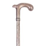 A 19TH CENTURY INDIAN BIDRI WARE STEEL WALKING STICK of octagonal tapering form with shaped handle