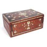 A 19TH CENTURY ANGLO INDIAN TEAK, BONE INLAID AND EBONY BANDED WRITING BOX with hinged lid and