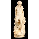 A 19TH CENTURY WHITE MARBLE CARVED FIGURE depicting a young lady seated on a naturalistic base
