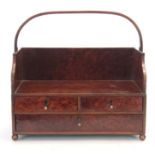 A GEORGE III BURR YEW WOOD AND INLAID BOOK CARRIER the shaped galleried top with arched flattened
