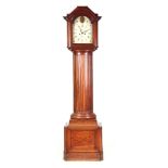 AN UNUSUAL LATE GEORGE III MAHOGANY REEDED COLUMN LONGCASE CLOCK with arched moulded pediment