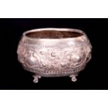 A CONTINENTAL SILVER OVAL SHAPED JARDINIERE OF SMALL SIZE decorated with flowerheads and branchwork;