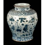 A LARGE JAPANESE EDO PERIOD BLUE AND WHITE ARITA VASE of baluster form decorated with birds on a