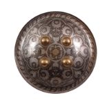 A FINE 19TH CENTURY INDIAN MUGHAL STYLE INLAID STEEL CIRCULAR SHIELD finely decorated with floral