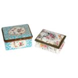TWO LATE 18TH CENTURY SOUTH STAFFORDSHIRE RECTANGULAR ENAMEL PATCH BOXES the larger pale blue ground