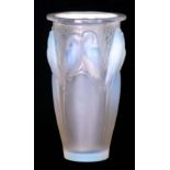 R LALIQUE FRANCE An opalescent slender tapering Vase CEYLAN 1920's the arched panelled body relief