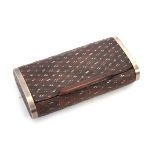 A 19TH CENTURY INLAID WALNUT AND WHITE METAL TABLE SNUFF BOX with pique work and cross-hatched