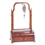 A 19TH CENTURY GEORGE I STYLE SCARLET LACQUER CHINOISERIE TOILET MIRROR with shaped mirror back