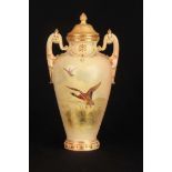 A GRAINGER & Co. ROYAL CHINA WORKS WORCESTER BLUSHED IVORY TWO-HANDLED CABINET VASE AND COVER with