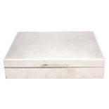 AN ELIZABETH II LARGE SILVER CIGARETTE BOX of plain rectangular form with engine-turned panel to the