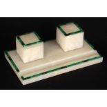 A STYLISH ART DECCO ONYX AND MALACHITE CROSSBANDED DESK STAND of plain rectangular form fitted a