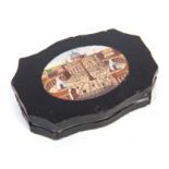 A 19TH CENTURY ITALIAN GRAND TOUR BLACK SLATE AND MIRCO MOSAIC PAPERWEIGHT of shaped rectangular