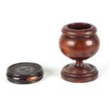 AN EARLY 19TH CENTURY YEW WOOD TREEN GOBLET 8.5cm high with ring turned base together with A 19TH