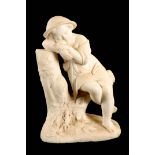 A LATE 19TH CENTURY WHITE MARBLE CARVED FIGURE OF A YOUNG GIRL resting on a naturalistic tree