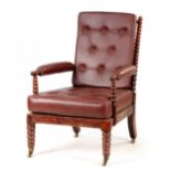 A REGENCY ROSEWOOD 'BOBBLE' TURNED LIBRARY CHAIR having loose button-upholstered brown leather