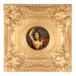 A 19TH CENTURY PAINTED LAQUERWORK PAPIER MACHE BUST PORTRAIT PANEL depicting a semi-nude young