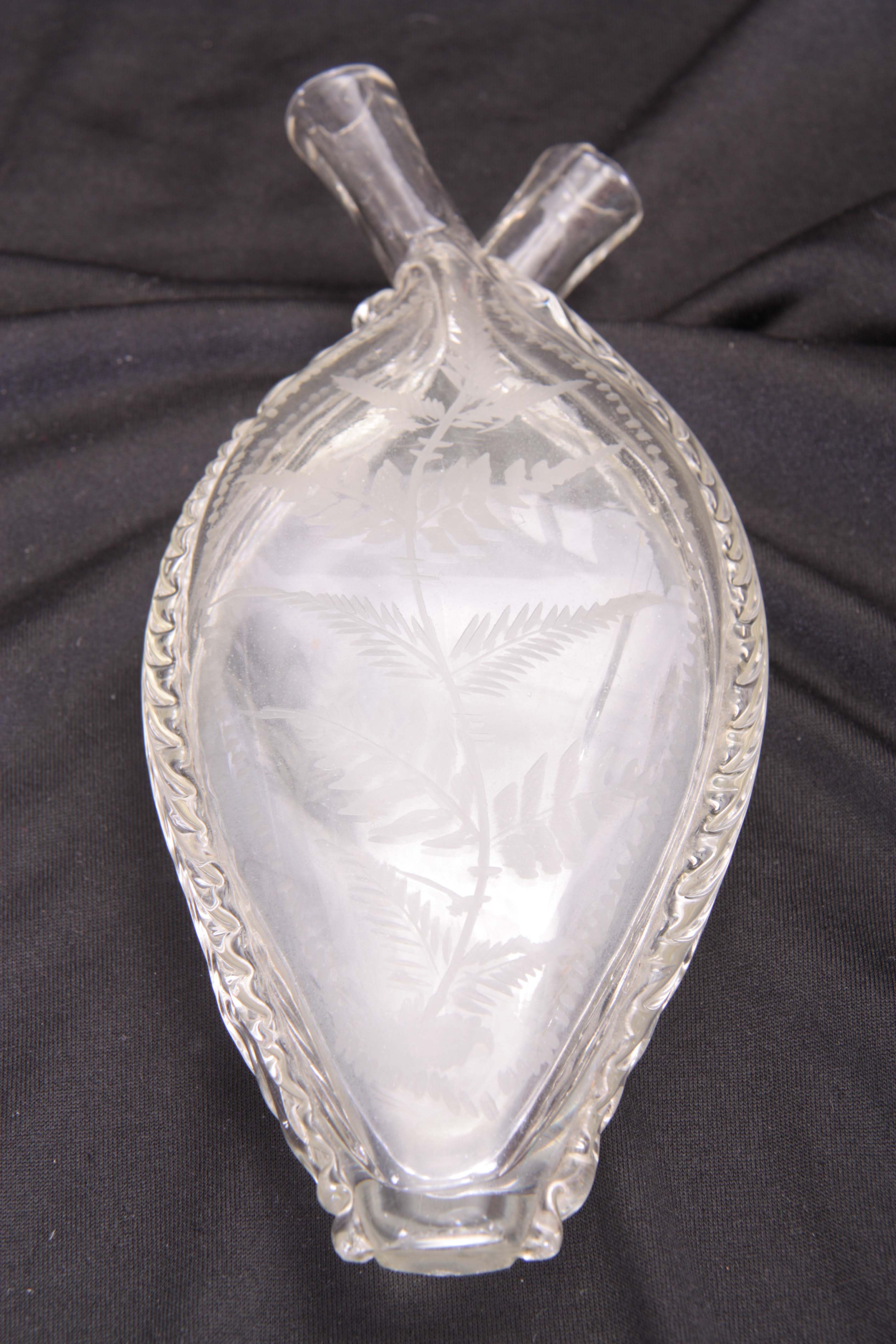 A 19TH CENTURY BOHEMIAN DOUBLE SIDED CLEAR GLASS GIMMEL FLASK of flattened tapering shouldered - Image 2 of 4