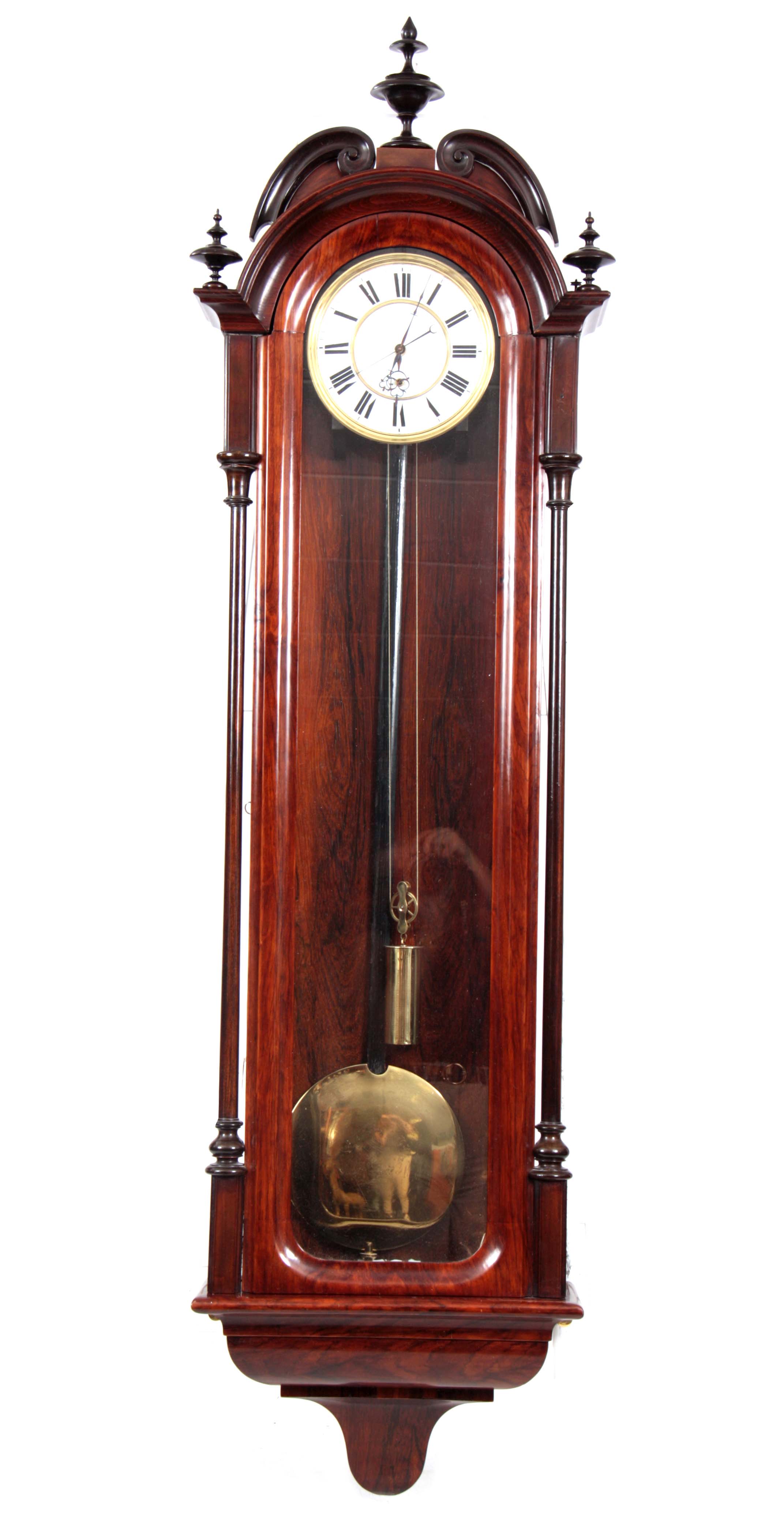 A GIANT-SIZE FIGURED WALNUT 8-DAY VIENNA REGULATOR WALL CLOCK the enamel dial with Roman numerals