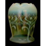 A LARGE LATE 19TH CENTURY ART NOUVEAU VASELINE GLASS HANGING SHADE with scalloped rim and relief