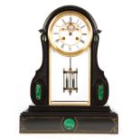 A LARGE LATE 19TH CENTURY FRENCH BLACK SLATE AND MALACHITE MONTH DURATION MANTEL CLOCK the arched