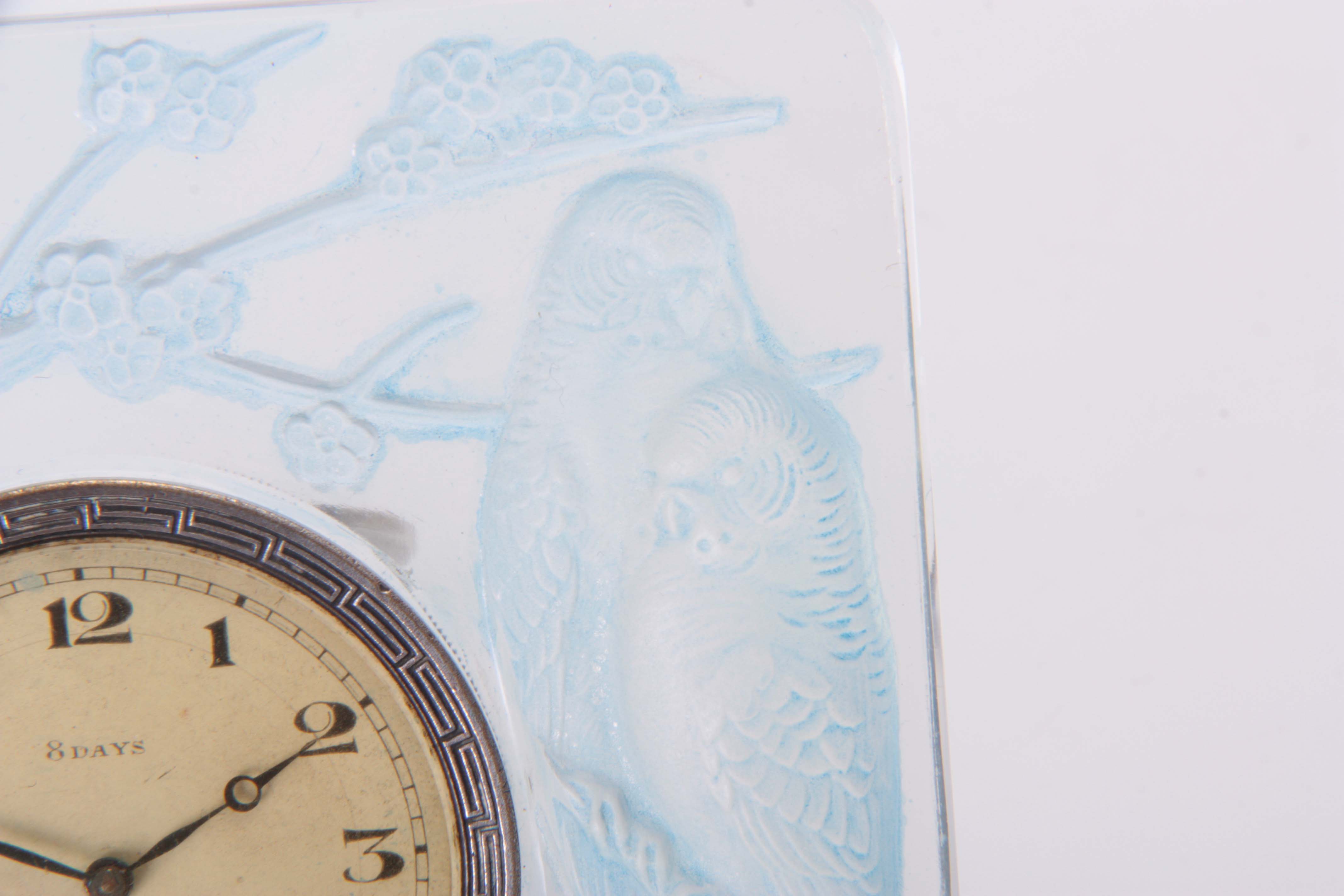 AN R LALIQUE INSEPARABLES OPALESCENT CLOCK WITH BLUE TINTING 1920's of square relief moulded form - Image 3 of 5