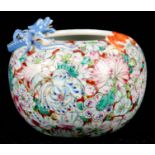 A 20TH CENTURY CHINESE MILLEFIORI PORCELAIN SQUAT BULBOUS VASE with applied dragon and bat